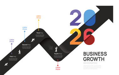 Infographic business 2026 arrow infochart with icons and circle elements, 4 steps chart template for presentation vector.