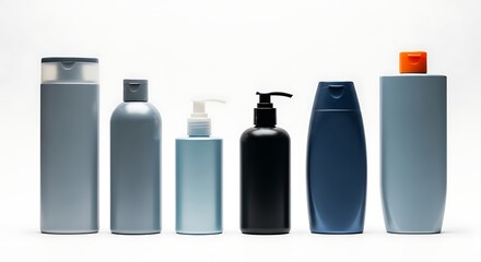 Collection of various cosmetic and personal care bottles arranged on a white background