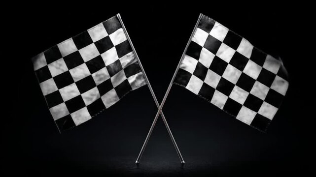 Two crossed black-and-white checkered flags stand against a dark, empty backdrop, signaling contest
