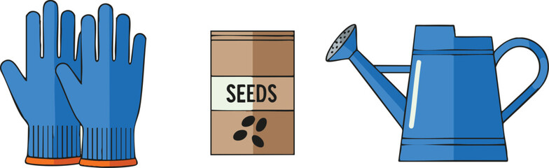Gardening tools including gloves, seeds, and watering can sit ready for planting in the garden, representing the joys of spring and growth.
