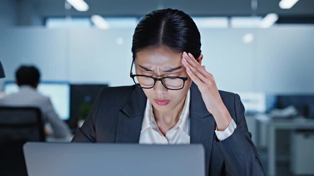 27_Focused young businesswoman looking at laptop pc computer screen having headache migraine Asian business woman holding hand near temples feeling stressed and tired sitting at workplace i 60749029 1