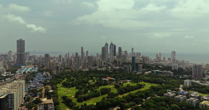 Aerial view of Mumbai Skyline, high-rise buildings in South Mumbai, Maharashtra, India. Cinematic shot of an Indian cityscape. Most Posh Areas in Mumbai.