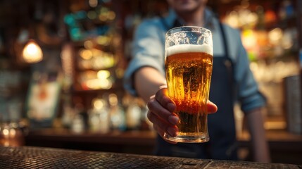 Bartender serving a glass of cold beer in a lively pub setting at night