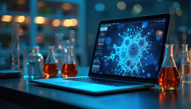 Modern lab equipment shows virus simulation on laptop screen. Beakers hold orange liquid near test tubes and scientific instruments in research facility. Advanced diagnostics and medical analysis.