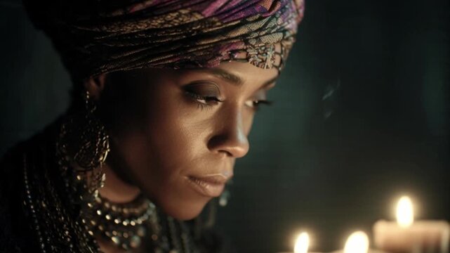 African American Woman Arranging Kinara Candles