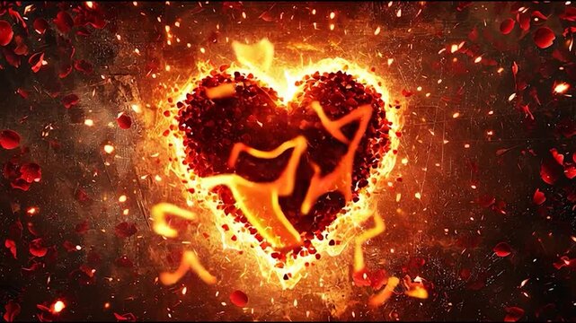 Burning Heart with flame illustration: An eye-catching illustration of a heart on fire, with golden flames dancing, symbolising passion and love. Emphasizing the emotional heat of the moment. 