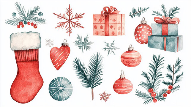 Christmas-themed illustration with a cute fox, gifts, and decorations.