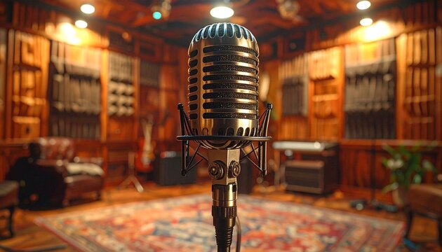 Vintage Microphone in a Professional Music Recording Studio.