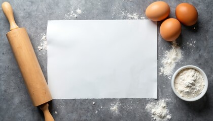 Baking ingredients flat lay on grey table. Blank paper for recipe mockup with rolling pin, flour, eggs. Cooking background for menu culinary blog with copy space. Top view of kitchen countertop food
