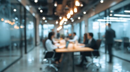 Team collaborating in a modern office space during a business meeting with bright lighting and flexible work environment