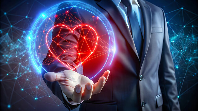 An Innovative Businessman Showcasing the Digital Heart Symbolizing Modern Connection Representing Love and Tech Symbiosis Against an Abstract Futuristic Backdrop Illustrating Business Innovation and C - Powered by Adobe