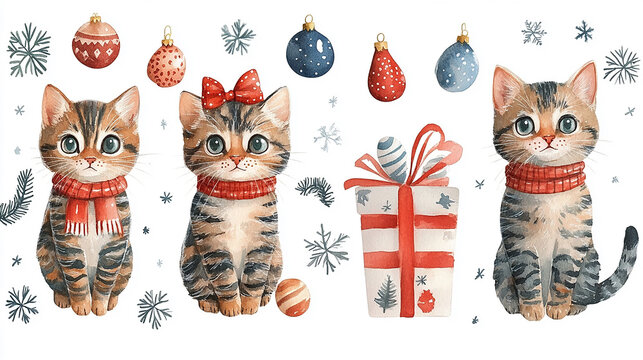 Three cute kittens in red scarves with Christmas ornaments and a gift box. - Powered by Adobe