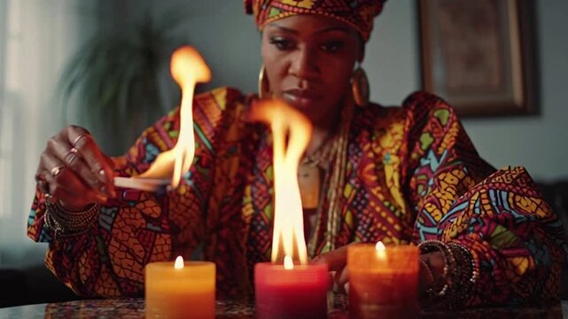 Kwanzaa Ceremony with Kinara and African American Woman