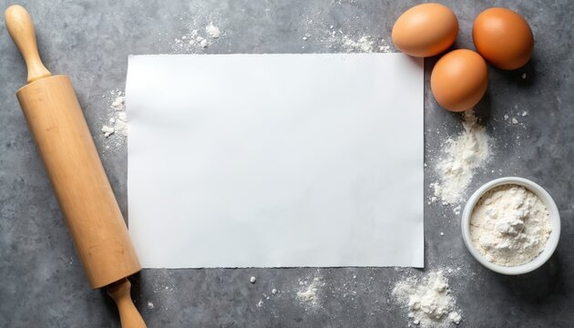 Baking ingredients flat lay on grey table. Blank paper for recipe mockup with rolling pin, flour, eggs. Cooking background for menu culinary blog with copy space. Top view of kitchen countertop food