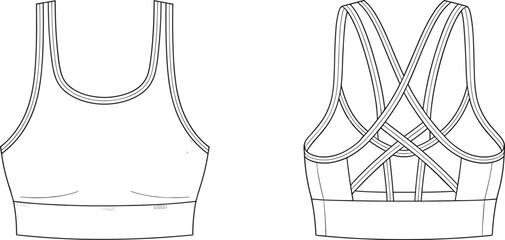 Technical fashion sketch, sports bra front and back view, crisscross strap design, athletic wear illustration, apparel template, garment construction drawing