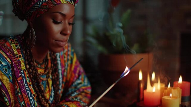 Warm Holiday Scene of African American Woman Lighting Candles