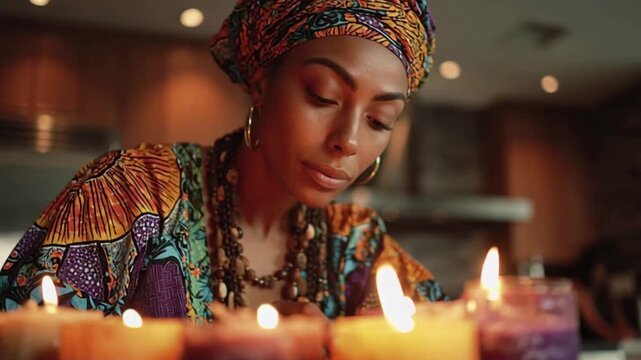 Warm Holiday Scene of African American Woman Lighting Candles