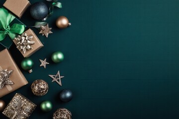 christmas decorations like gifts in paper boxes, balls, stars