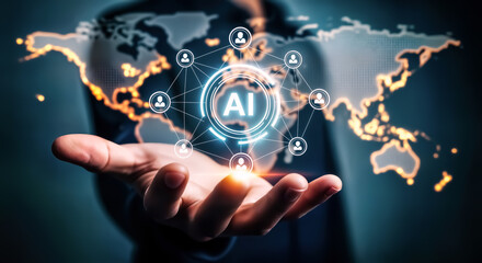 A person holding a glowing network of connections and ai technology over a world map, representing global artificial intelligence and connectivity
