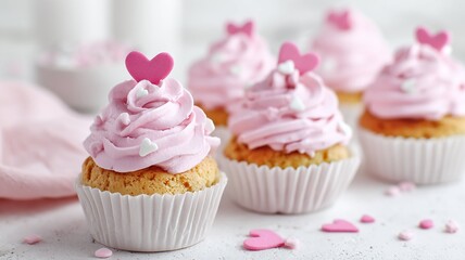Pink Frosted Cupcakes with Cute Heart Decorations for Whimsical Sweet Treat Background