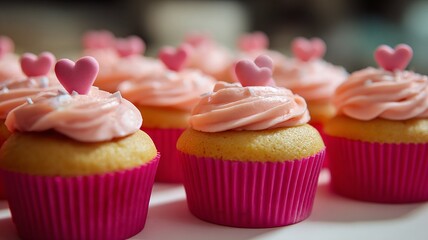 Cute Cupcakes with Pink Frosting and Heart Toppers for Sweet Dessert Background Design