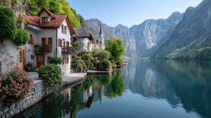 Fototapeta premium Charming Lakeside Village with Traditional Houses Steeped in Greenery Under Majestic Mountains Reflected in Calm Water on a Sunny Day