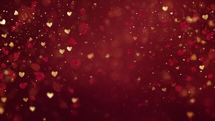 Deep Red Velvet Texture with Golden Glowing Hearts and Falling Rose Petals for Romantic Background