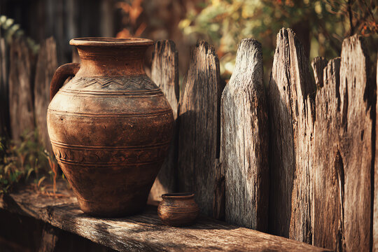 Earthenware Pot by Wooden Fence: A weathered, earthenware pot rests peacefully beside a rustic wooden fence, evoking a sense of history and simple charm. Capture the essence of time-worn beauty.