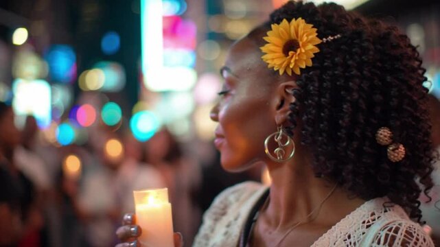 Warm Holiday Scene of African American Woman Lighting Candles