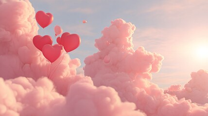 Romantic Floating Heart Balloons in Soft Pink Clouds with Sunlight Rays Shining Bright