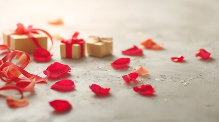 Romantic Light Surface with Scattered Red Rose Petals and Wrapped Gift Boxes in Soft Focus