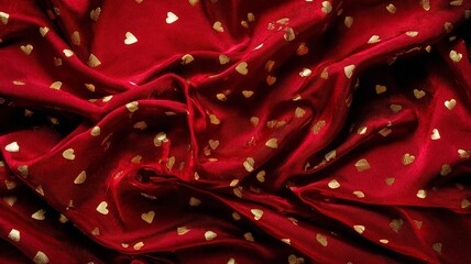 Sparkling Ruby Red Silk Fabric Folds with Glowing Golden Hearts for Luxury Romantic Background