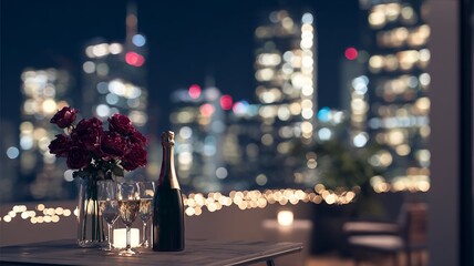 Dark Red Rose Bouquet with Chilled Champagne Bottle on Ice for Romantic Celebration Background