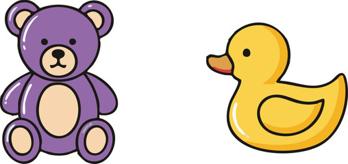 Purple teddy bear and yellow rubber duck sitting side by side on a white surface, creating a playful and cheerful scene for children's playtime.