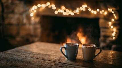 Cozy Wooden Table by Stone Fireplace with Two Mugs of Hot Cocoa for Warm Winter Ambience