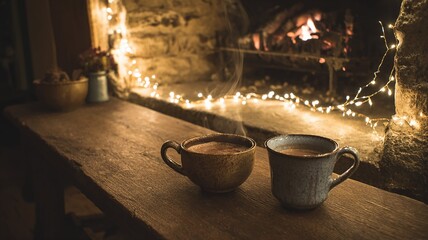Rustic Stone Fireplace with Wooden Table and Two Hot Cocoa Mugs for Winter Comfort Scene
