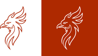 Logo Graphic vector illustration of a fiery phoenix head in a bold, elegant line style, symbolizing rebirth and power