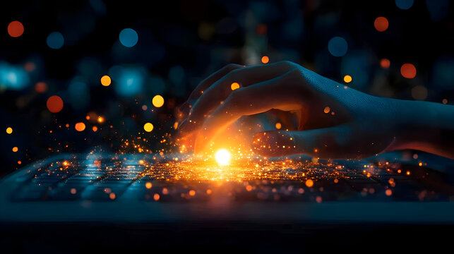 Female hands typing on laptop while sitting at an office desk indoors. The concept of a technology search engine for data