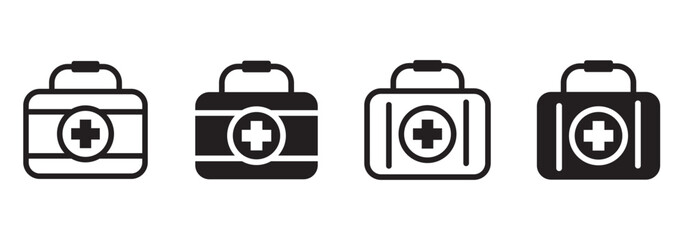First aid box icon in black. Medical aid kit bag icon. First aid kit and medical case icon pack. Healthcare symbols and briefcases in line style vector. Medicine bag icon for graphic design, Website.