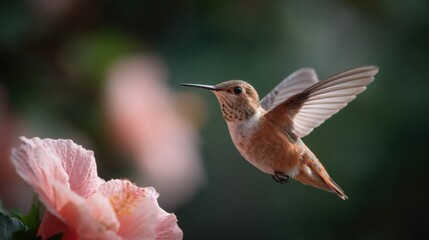 Fototapeta premium Close-up of a hummingbird in mid-flight. the hummingbird is facing towards the right side of the image, with its wings spread wide.