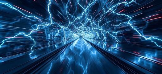 Abstract blue energy tunnel with lightning streaks and light trails