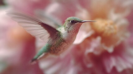 Fototapeta premium Close-up of a hummingbird in mid-flight. the hummingbird is facing towards the right side of the image, with its wings spread wide. the wings are a vibrant green color with hints of pink and orange.