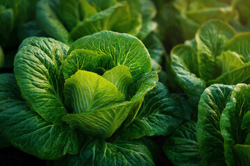 Fototapeta premium Healthy Green Lettuce: A close-up showcases a vibrant, fresh head of lettuce, with its lush green leaves elegantly layered. A testament to nature's bounty and the essence of healthy eating.