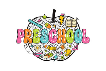 Preschool Apple PNG Clipart, Colorful Doodle School Supplies Design for Back to School illustration Sublimation Design