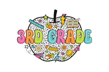 3rd Grade Apple PNG Clipart, Colorful Doodle School Supplies Design for Back to School illustration Sublimation Design