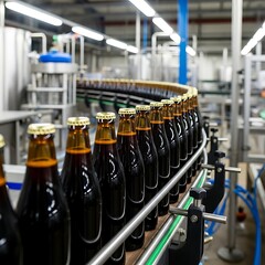 Bottles of dark beer on a conveyor belt in a bottling plant