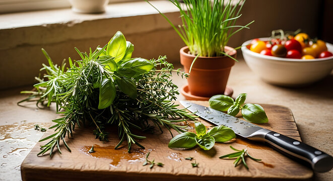 Fresh Herbs on Wooden Cutting Board Still Life Cooking Preparation with Rosemary, Basil and Kitchen Knife - Powered by Adobe