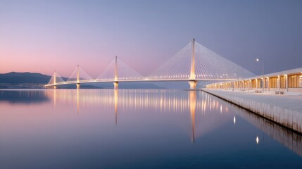Fototapeta premium Cable Stayed Bridge Illuminated At Twilight Over Calm Water With Reflection And Mountain In Background
