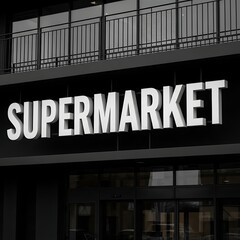 Supermarket sign on a modern building with glass doors and black facade