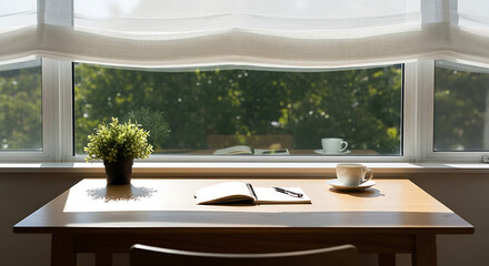 Home Office Desk Setup with Open Notebook, Pen, and Coffee Cup in Front of Sunny Window with Potted Plant, Work From Home